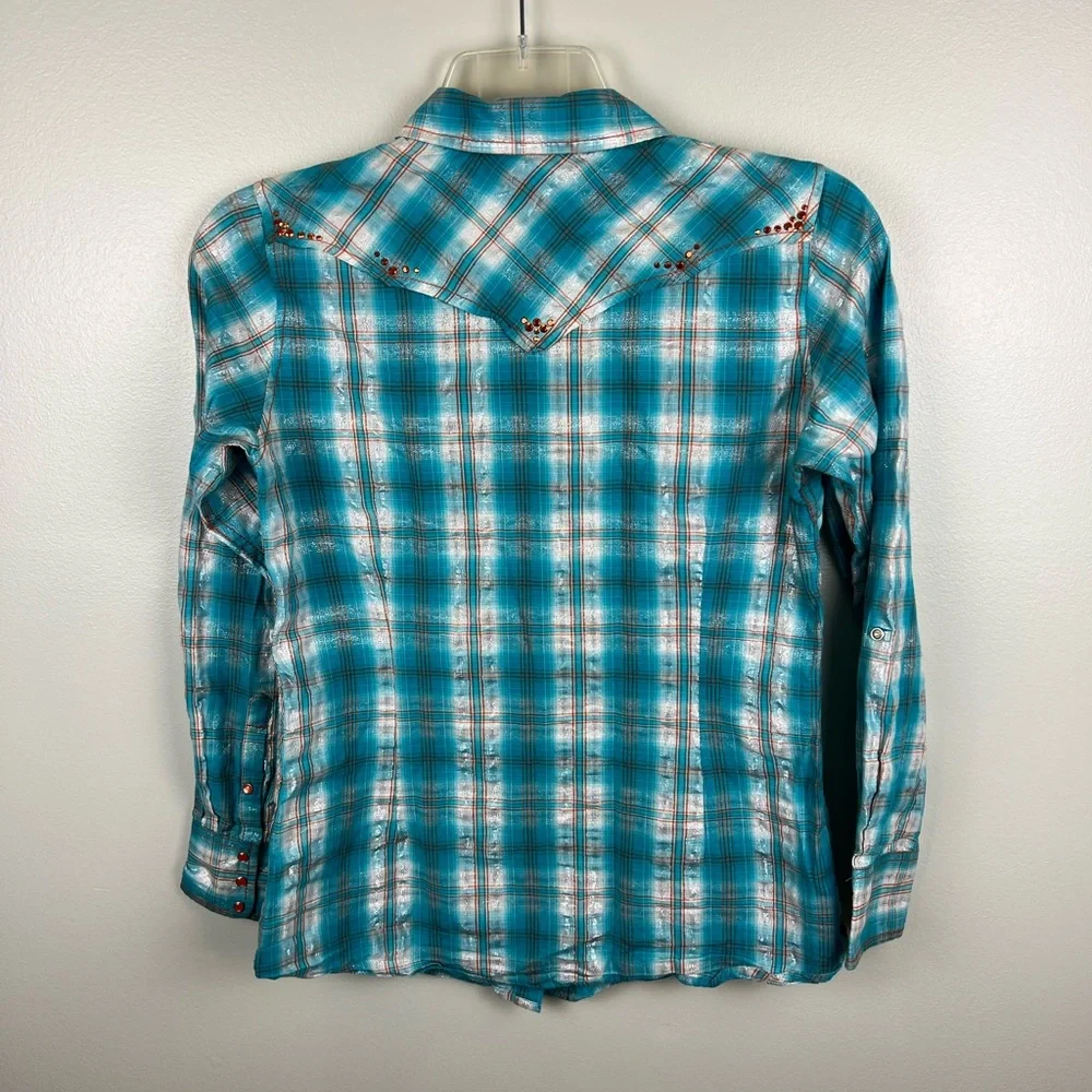 WOMEN’S ARIAT WESTERN SHIRT MEDIUM FITTED PEARL SNAP TEAL METALLIC PLAID STUDDED - Picture 4 of 10